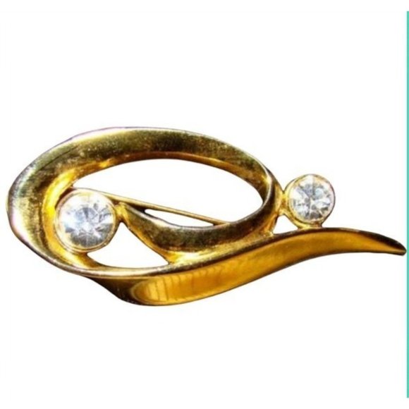 Vintage Bold Gold Oval Brooch with Large Crystal Accents 2"x1.5" - Picture 1 of 5